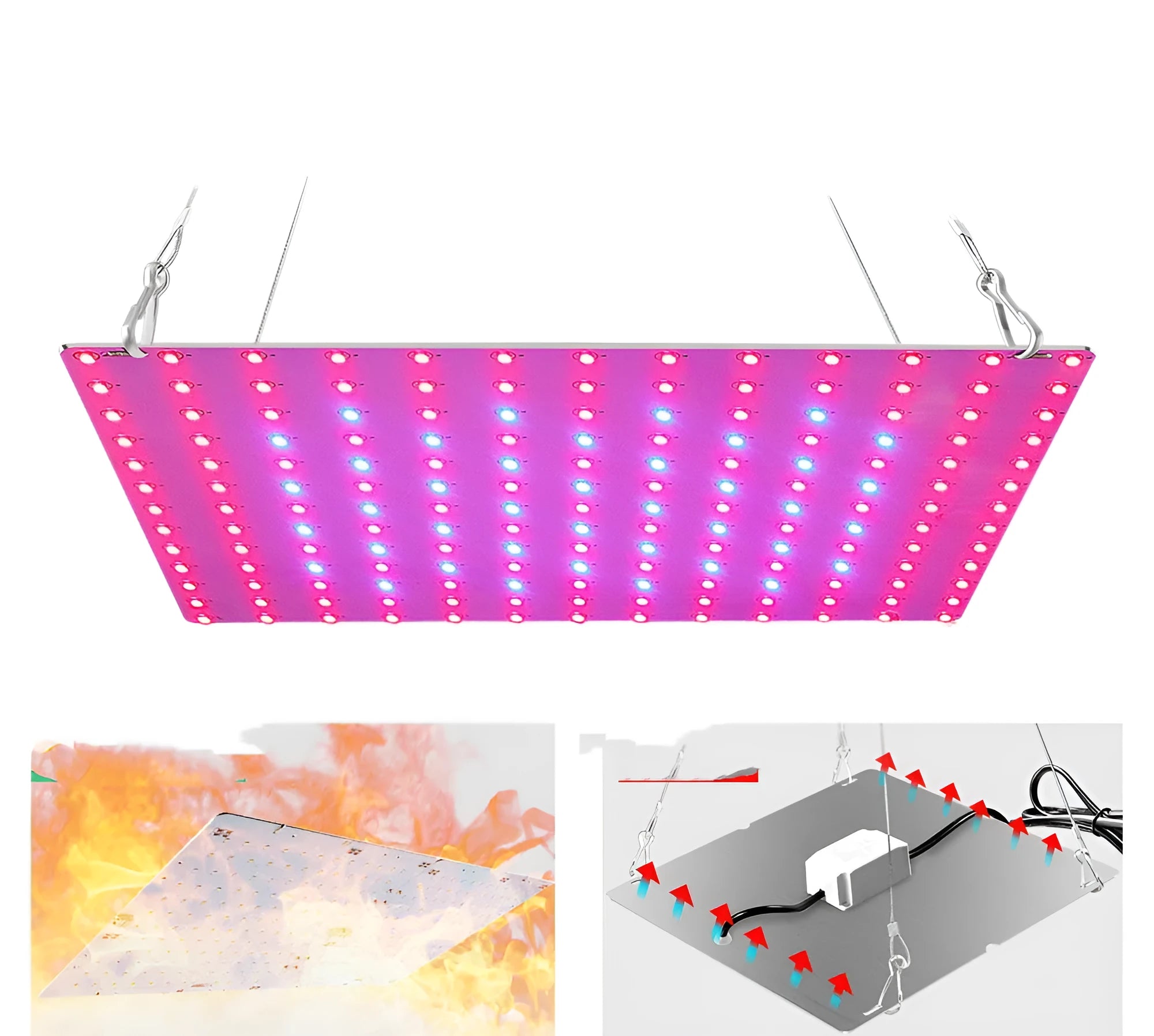 Hanging LED plant grow light with aluminium housing for fruits and vegetables.