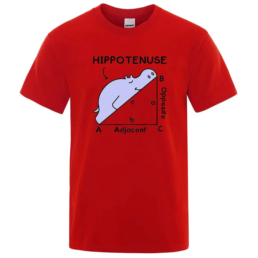 Funny Hippotenuse Opposite Adjacent maths print on a loose-fit cotton t-shirt.