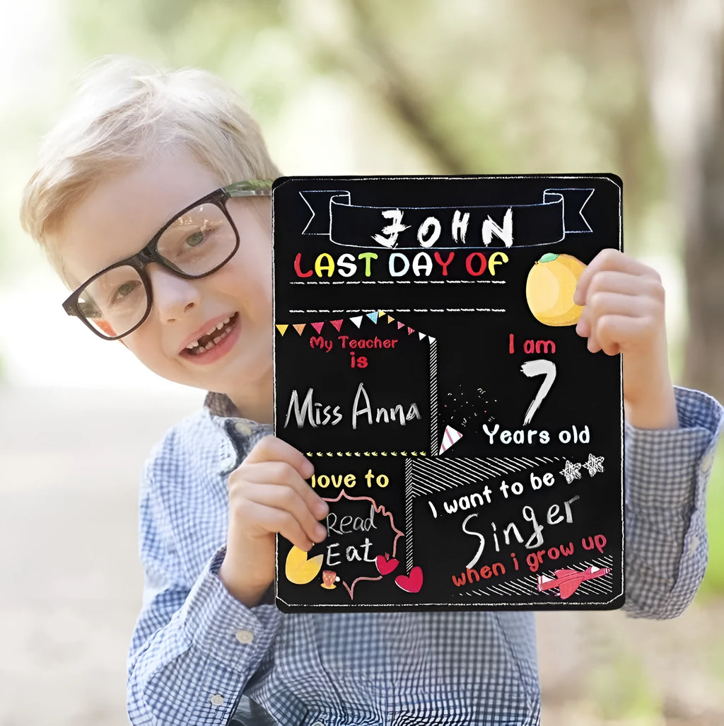 Wooden first day of school blackboard with modern design measuring 255mm by 300mm
