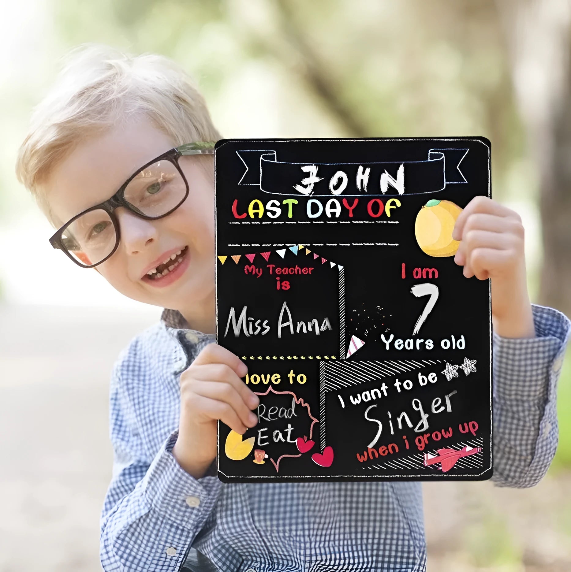 Wooden first day of school blackboard with modern design measuring 255mm by 300mm