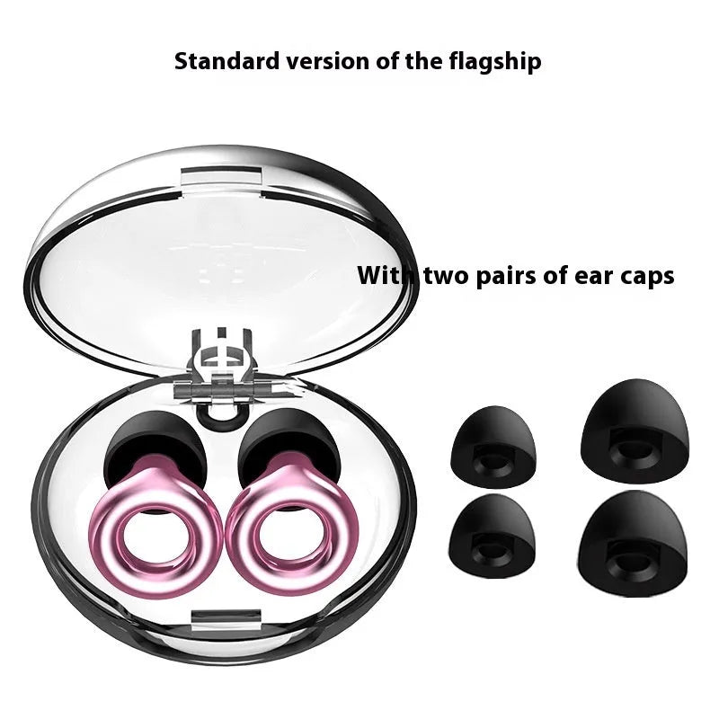 Noise reduction sleep earplugs in gold, silver, transparent, purple and rose gold colours with storage box.