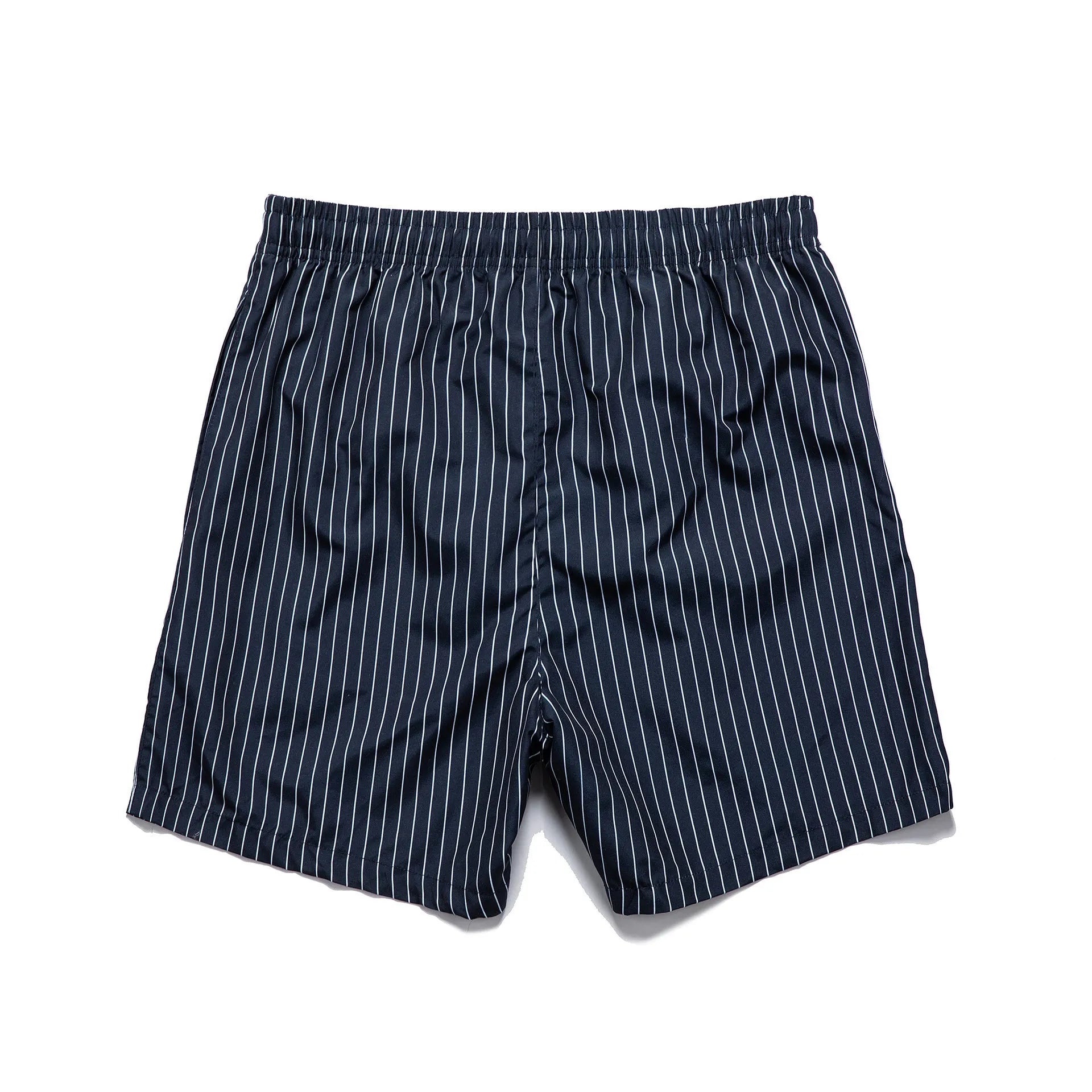 Men's striped beach shorts in navy blue, showing straight leg opening and casual fit.