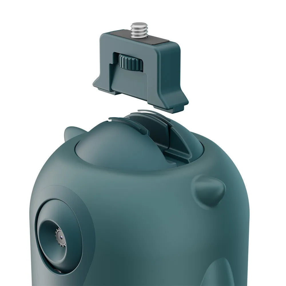 Dark green intelligent follow-up gimbal with AI face recognition showing smartphone mounting