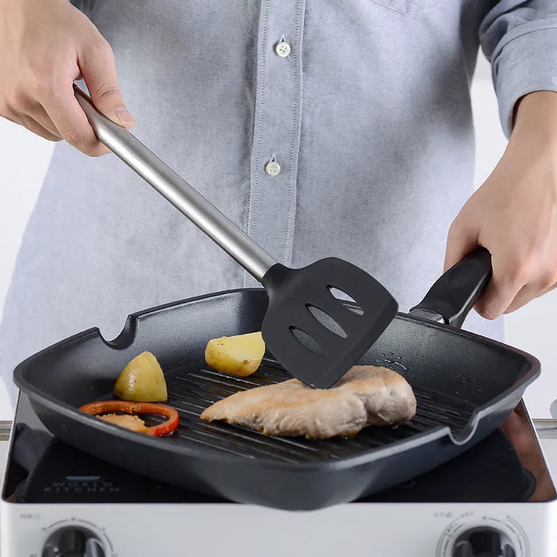 Black silicone and stainless steel kitchen utensil set with 16 pieces including four utensil types