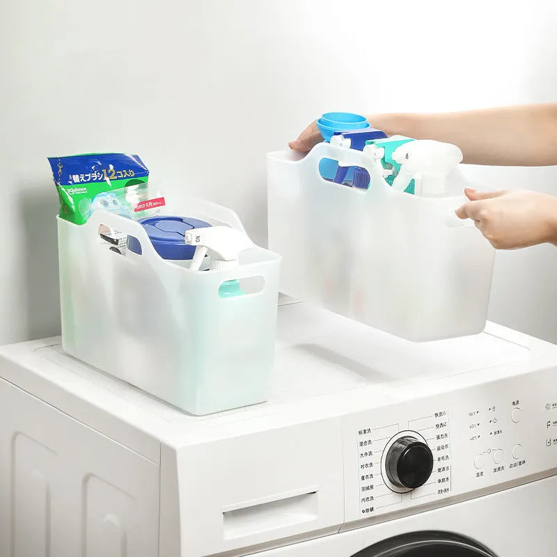 PE storage basket with handle for bathroom laundry detergent and household sundries, in white or transparent.