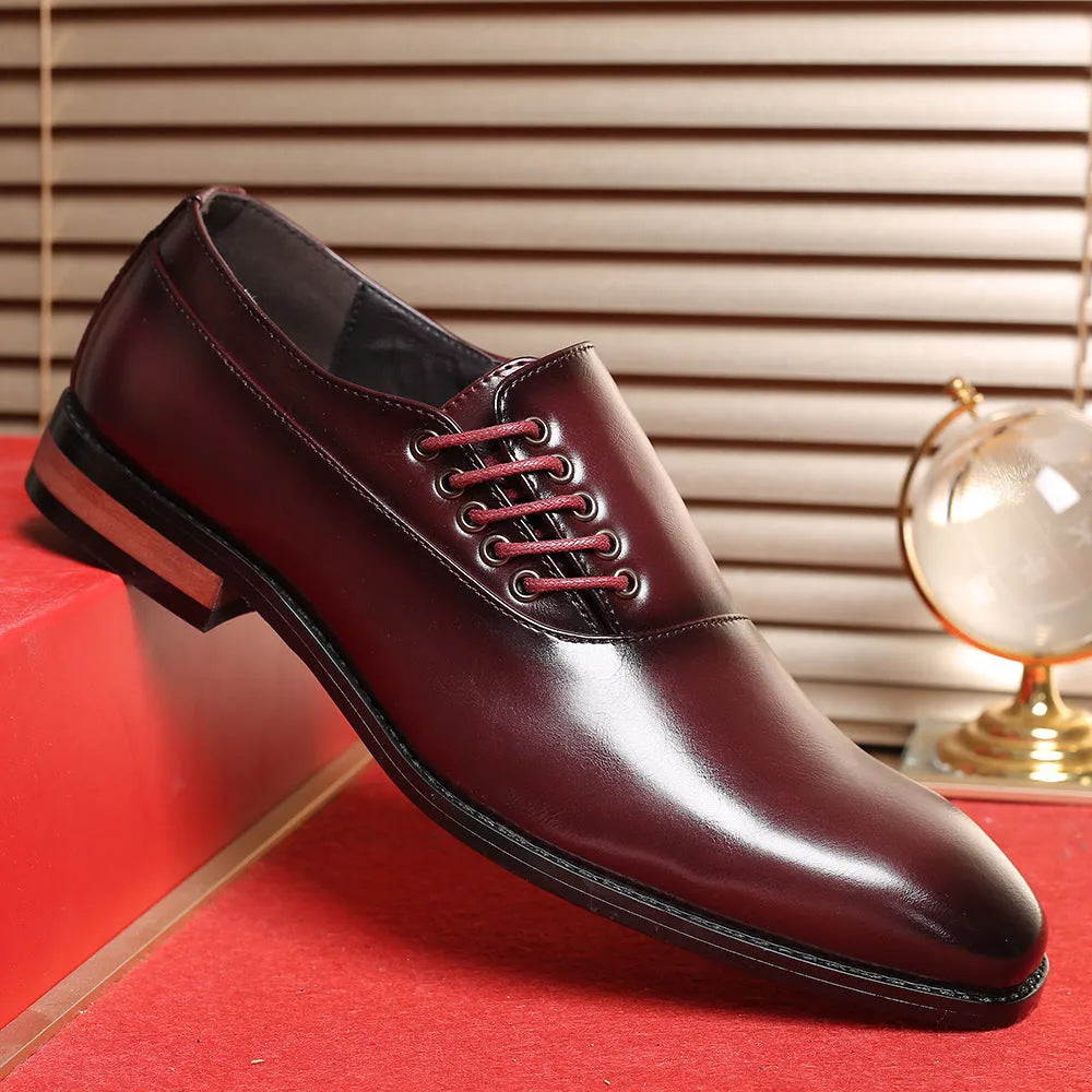 Men's plus size business formal shoes in black, wine red or yellow with breathable artificial PU upper, sizes 38 to 48