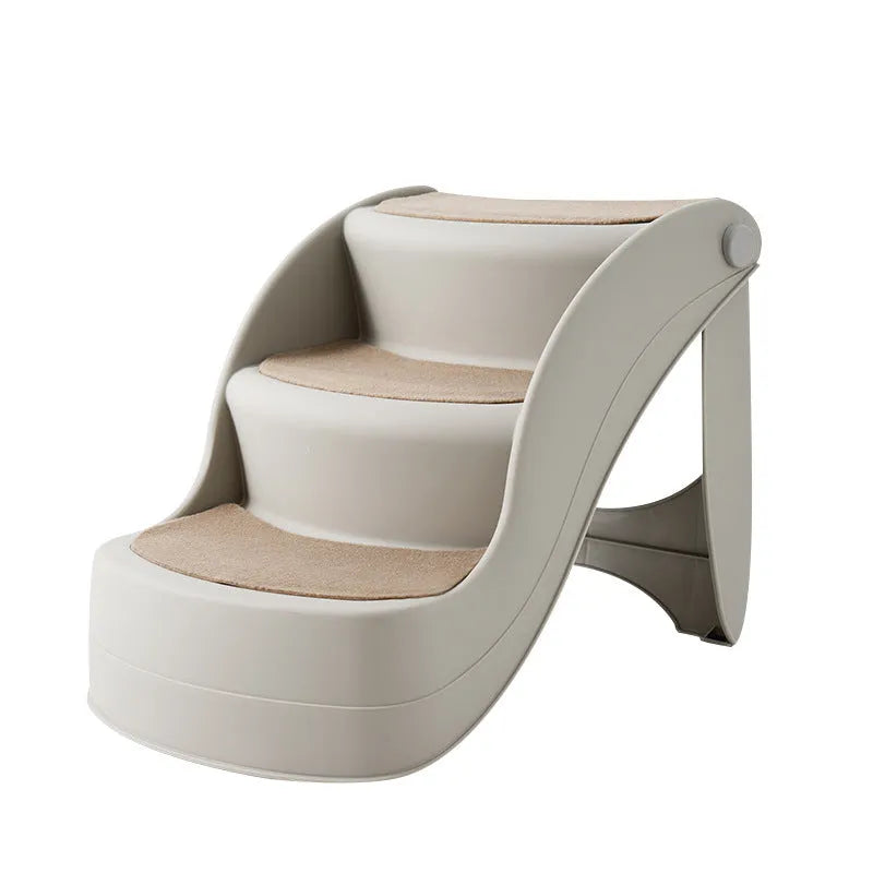 Foldable grey plastic pet step ladder with non-slip mat for small dogs and cats.