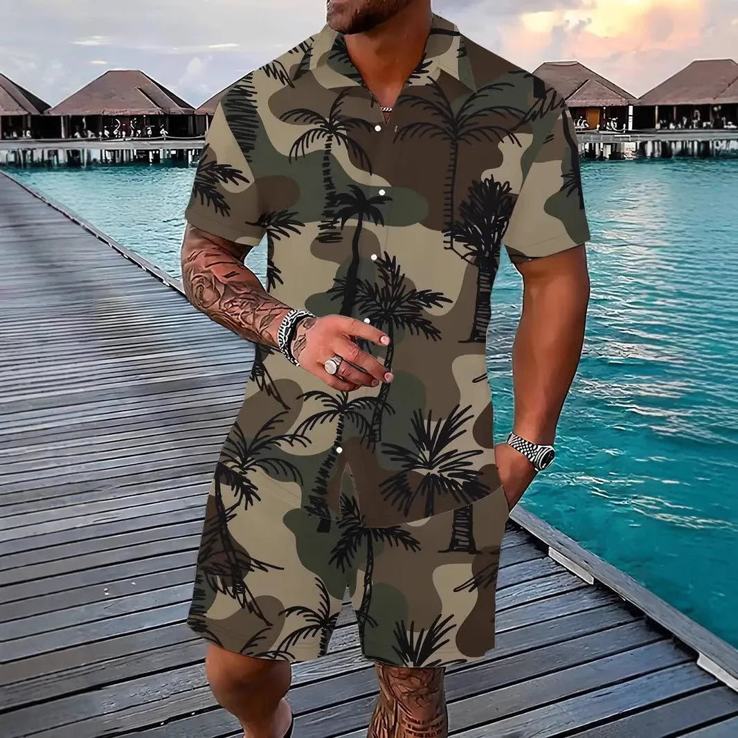 Men's Hawaiian print 3D short sleeve suit top and shorts set on a mannequin.