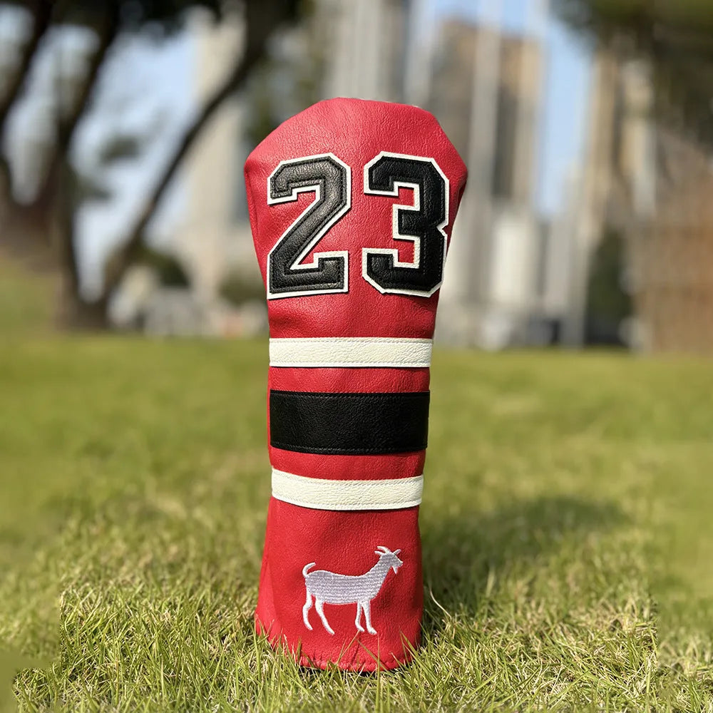 Yellow Ram golf headcover set with four wooden pole covers and square putter sleeve