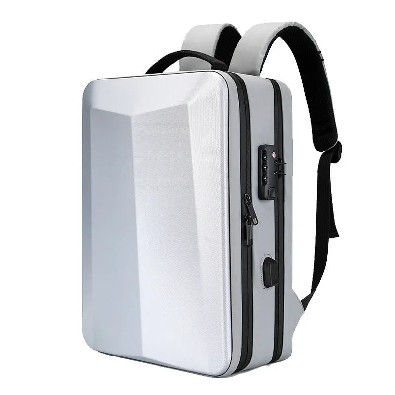 Men's waterproof business backpack in black or silver white with curved shoulder straps and street trend styling