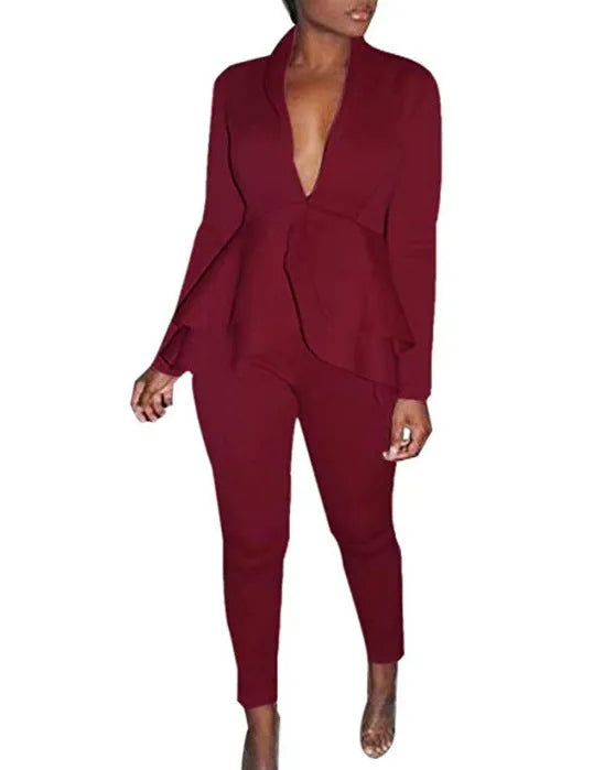 Women's ruffled air layer business casual top and pencil pants set in multiple colours