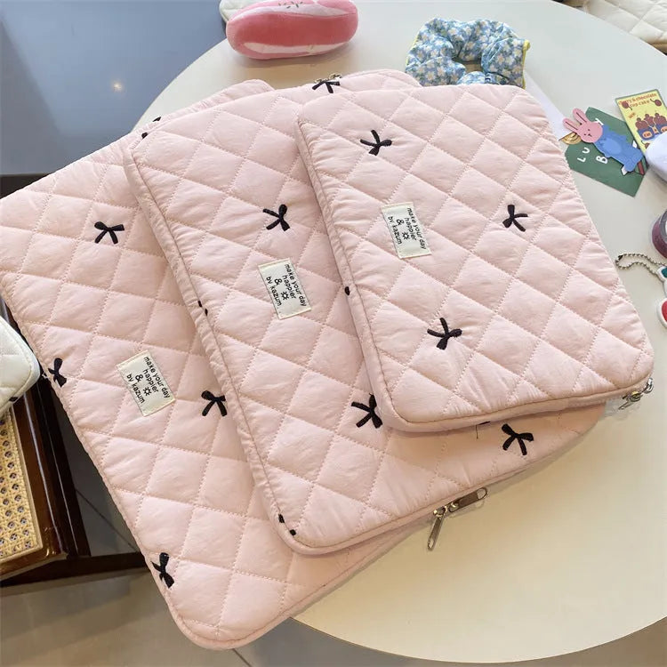 Nylon notebook storage bag with rhombus embroidery and bow detail in multiple colour options