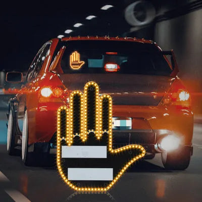 Black plastic LED gesture car light with remote control showing illuminated hand symbol.