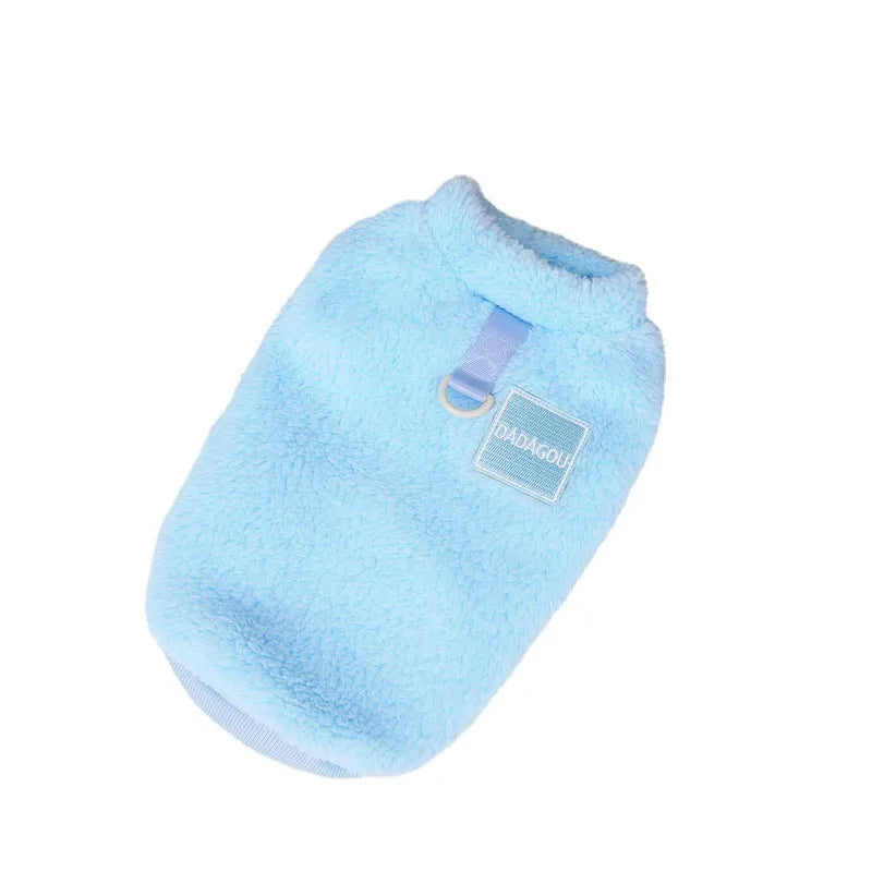 A blue coral fleece jacket for a dog, showing leg coverage and soft fabric texture.