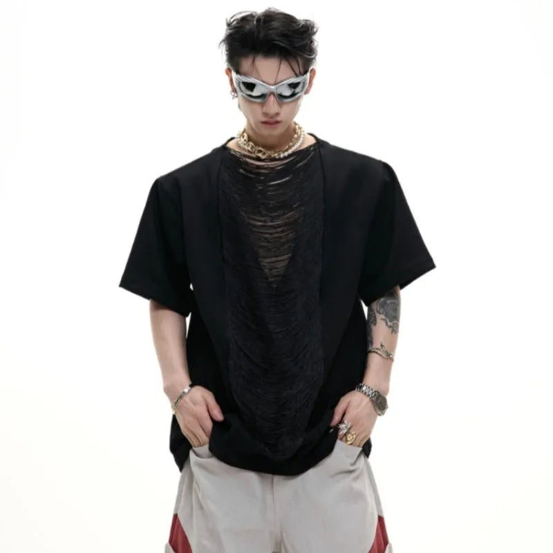 Men's black hollow out V-neck loose fit T-shirt with short sleeves and tassel detail