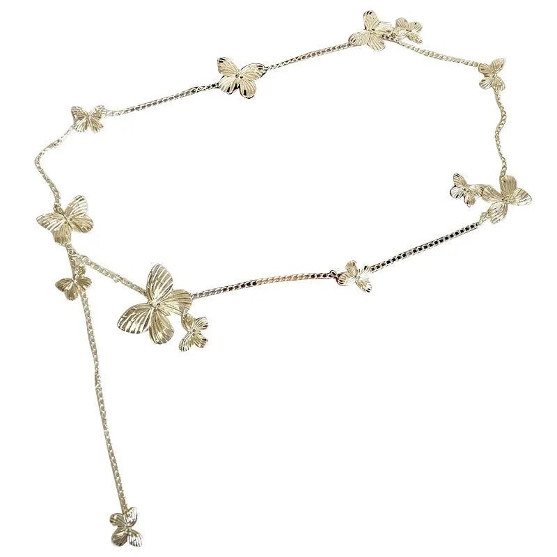 Gold or silver alloy waist chain with butterfly motif, 104cm length women's fashion accessory
