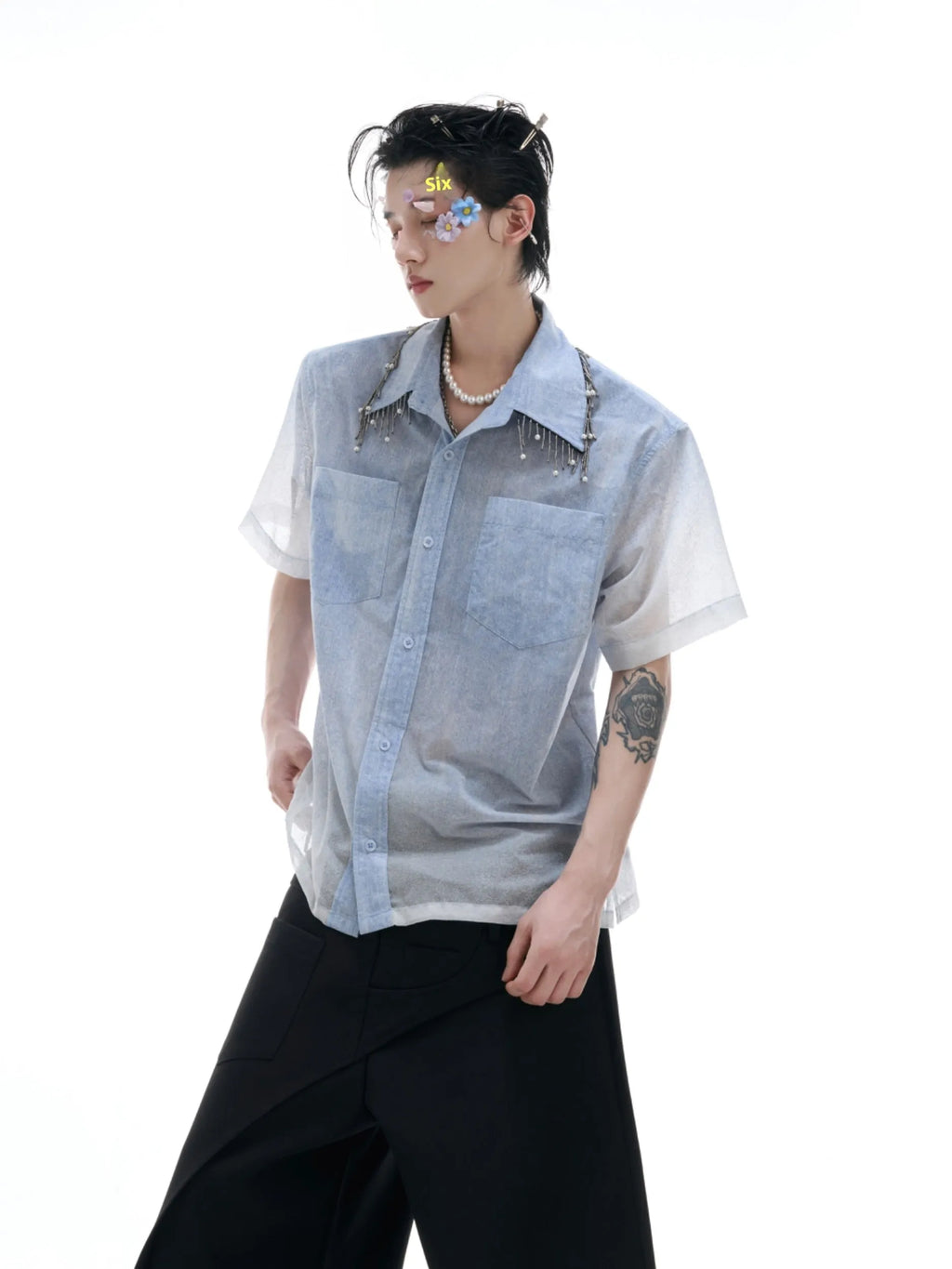 Blue gradient men's casual shirt with half sleeves and loose fit for summer
