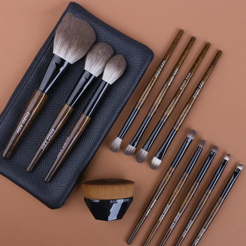 12-piece makeup brush set with wooden handles and PU storage bag