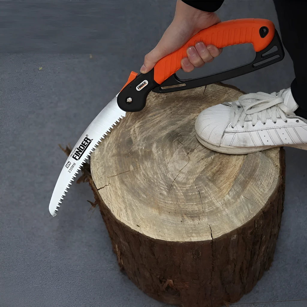 9-inch folding garden saw with TPR grip handle showing extended and folded positions
