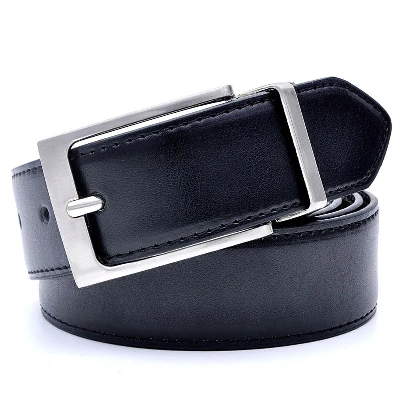 Men's dark brown and black genuine leather belt with a silver rotating pin buckle clasp on a plain background.