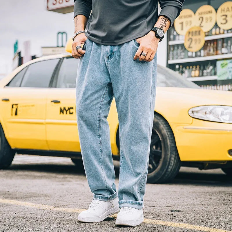 Men's loose straight-cut casual jeans in dark blue cotton fabric