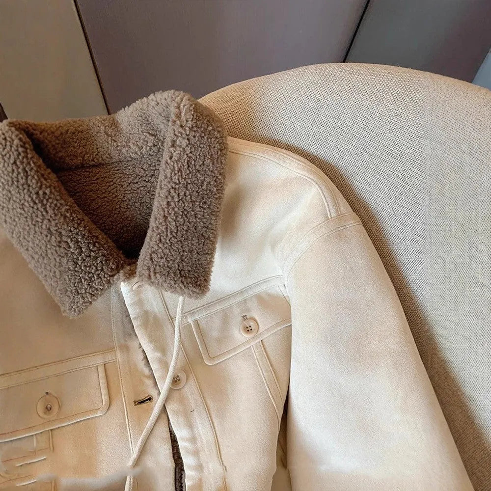 Loose thick sleeveless fur coat for women in beige apricot with plus velvet thickening, sizes S to 3XL.