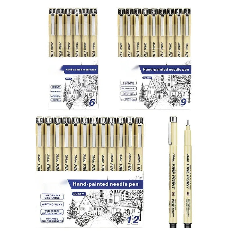 Cartoon sketch needle drawing pen with hand-drawn syringe design, black refill, 133mm plastic body