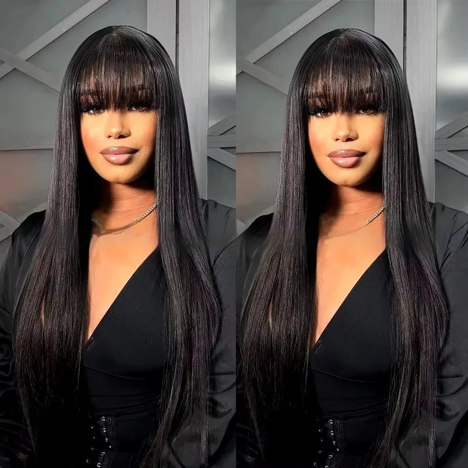 Women's natural colour full mechanism human hair wig shown at medium length.