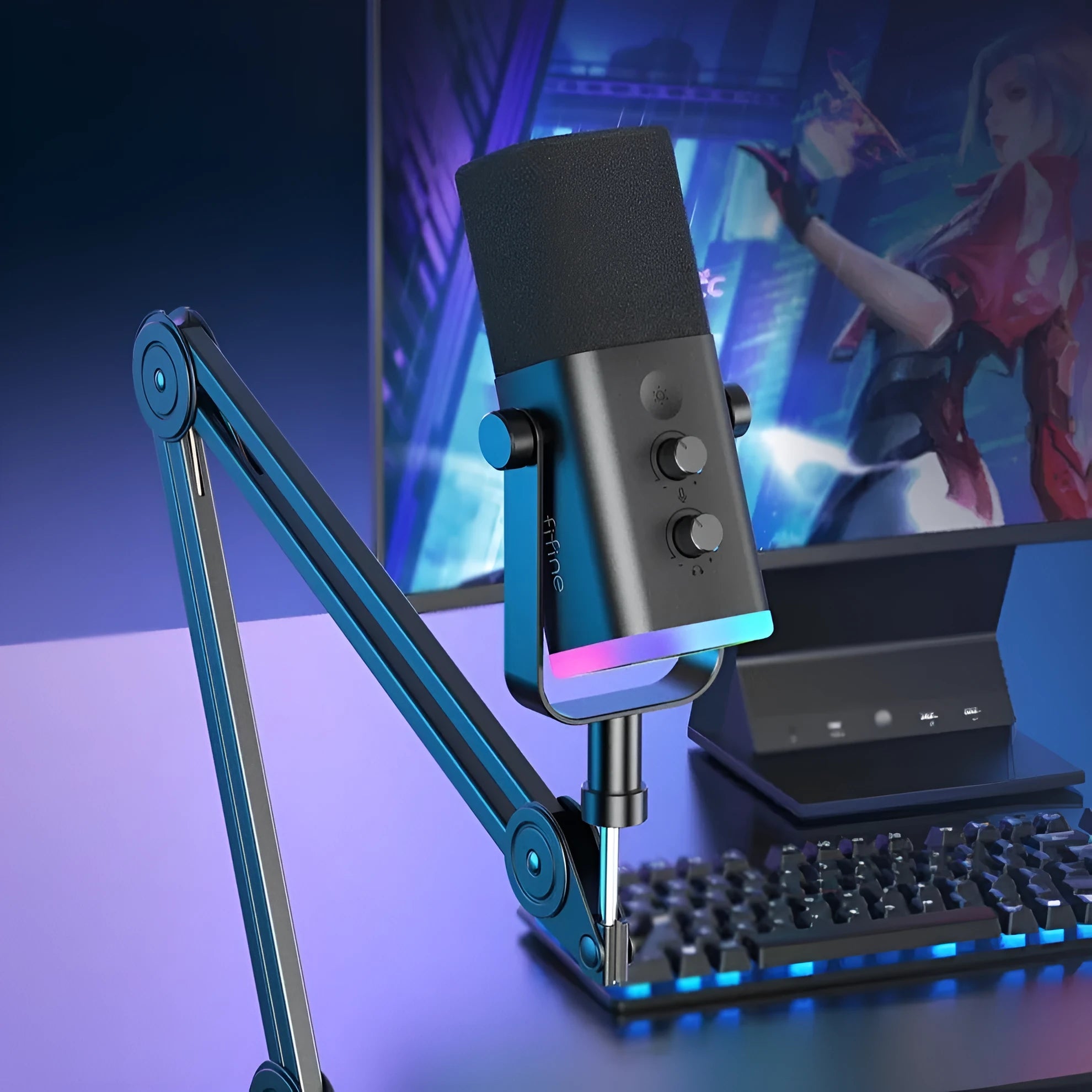 Dynamic noise reduction microphone with detachable black bracket base on desk with XLR cable