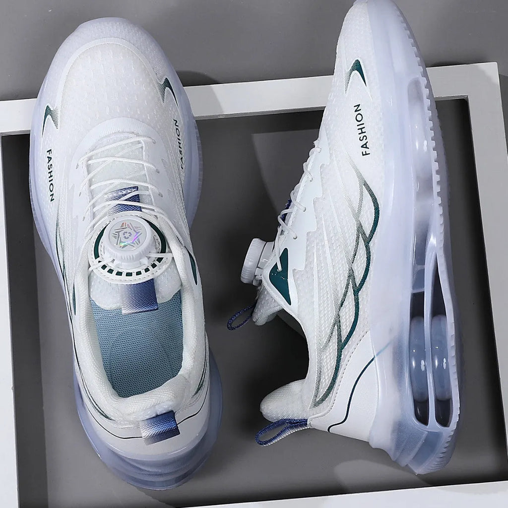 White youth casual shoes with rotating button fastener and mesh upper on rubber sole