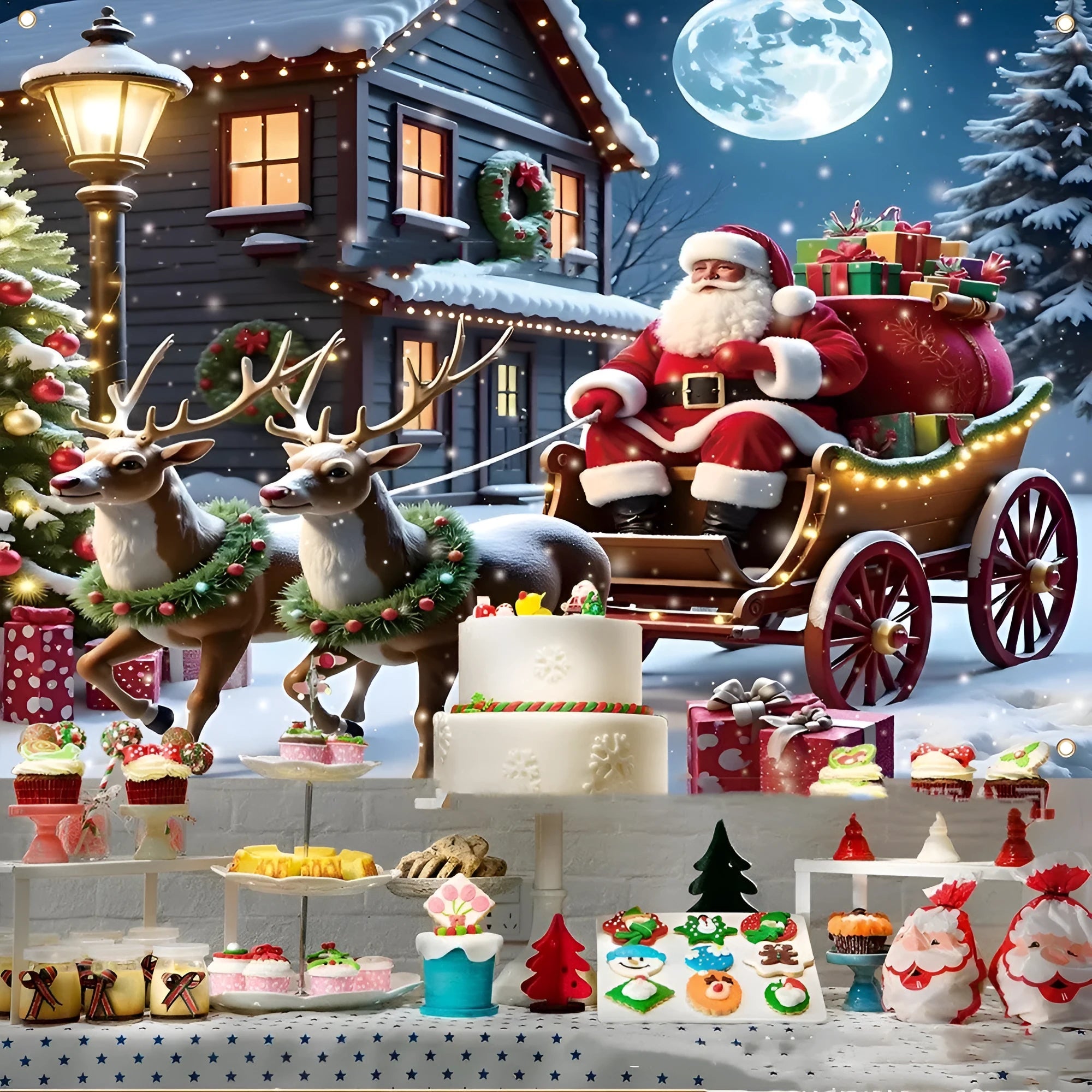 Santa Claus Christmas banner with night gift scene on polyester fabric measuring 210x150 cm