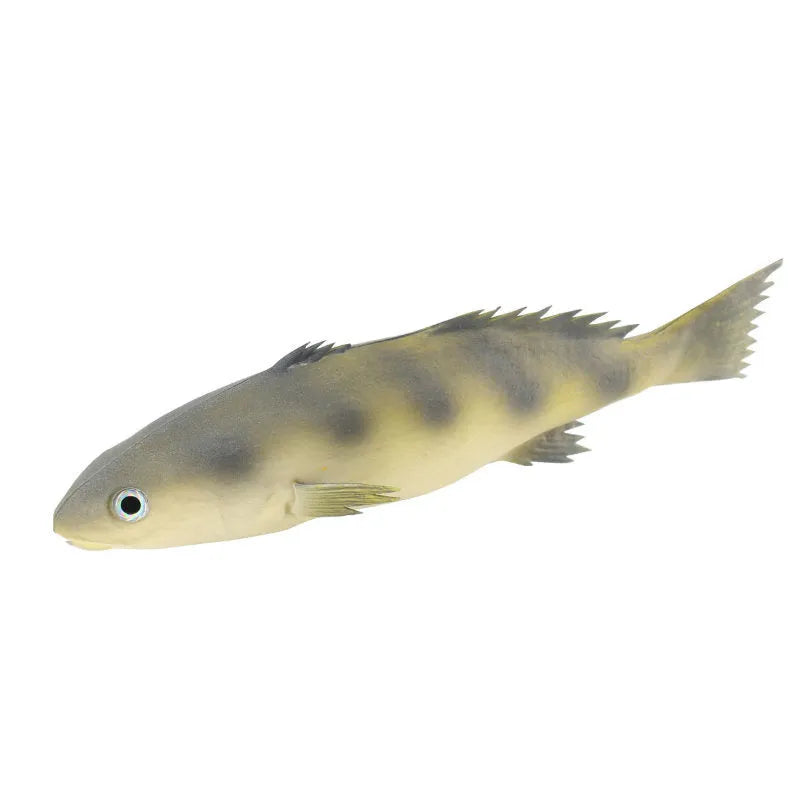 Set of three realistic PU simulated fish ornaments: yellow-fin tuna, small tuna, and yellow croaker.