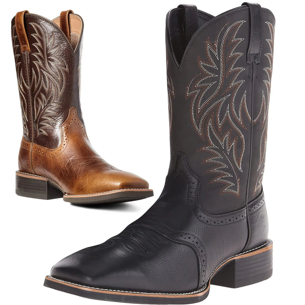 Men's black Western cowboy boot with high embroidery stitching on a wide square toe and high shaft.