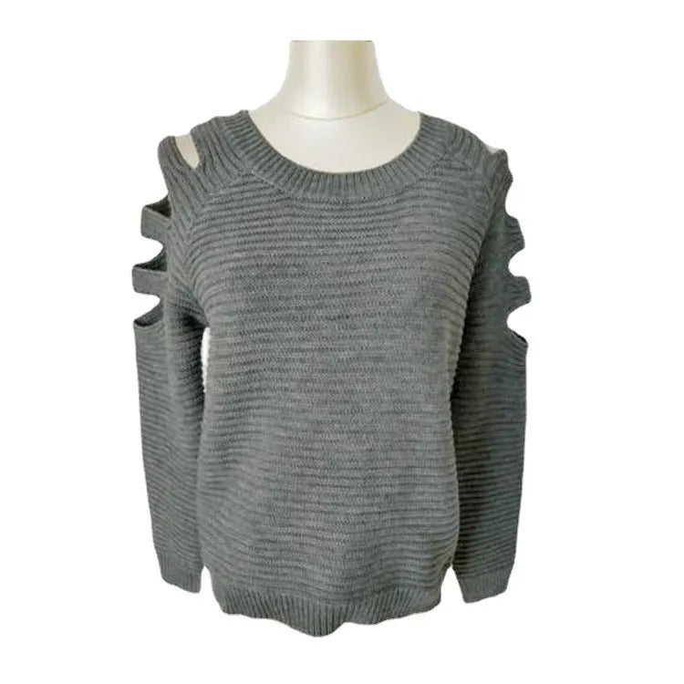 Women's grey crocheted hollow-out long-sleeved shirt with a round neckline.