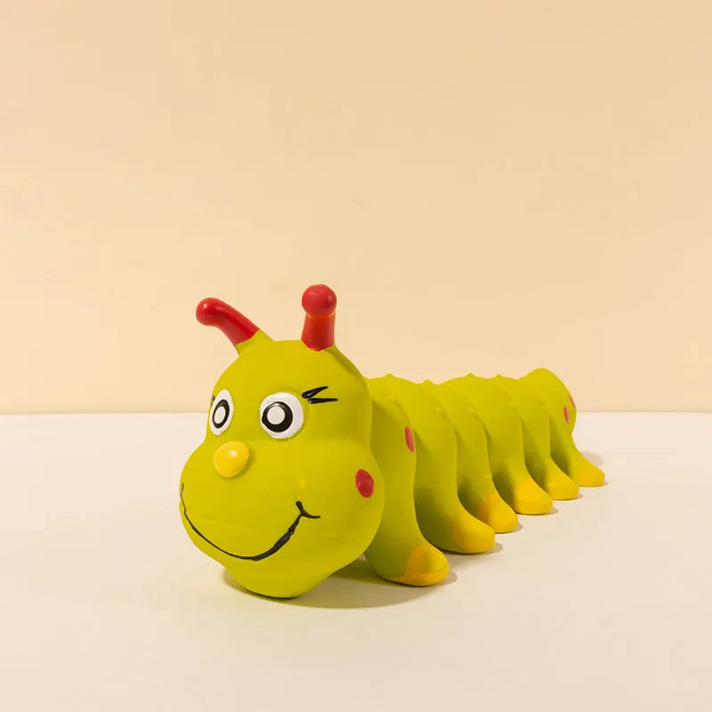 Yellow caterpillar-shaped rubber dog toy with squeaker for small and medium dogs