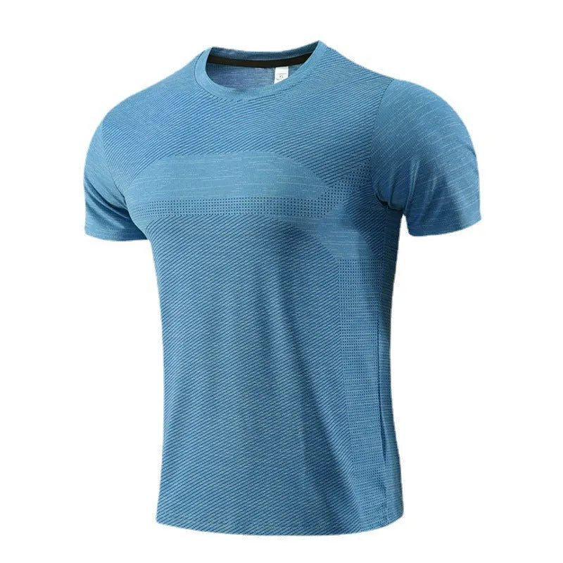 Men's short-sleeved athletic t-shirt for basketball and running in polyester spandex fabric.