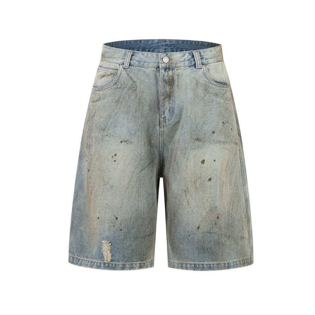Blue washed cropped denim jeans with straight leg and zipper fly on mannequin