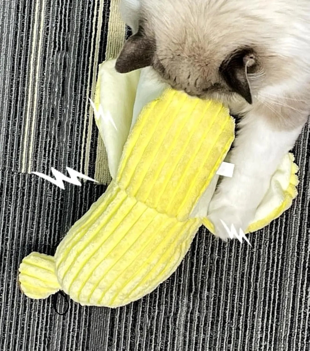 Yellow banana cat crinkle toy with plush fabric and velvet texture strip