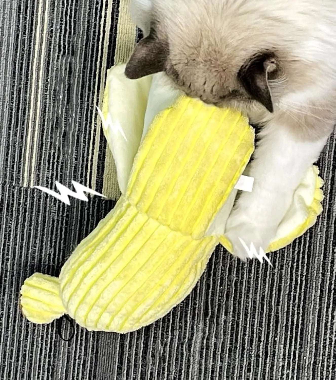 Yellow banana cat crinkle toy with plush fabric and velvet texture strip