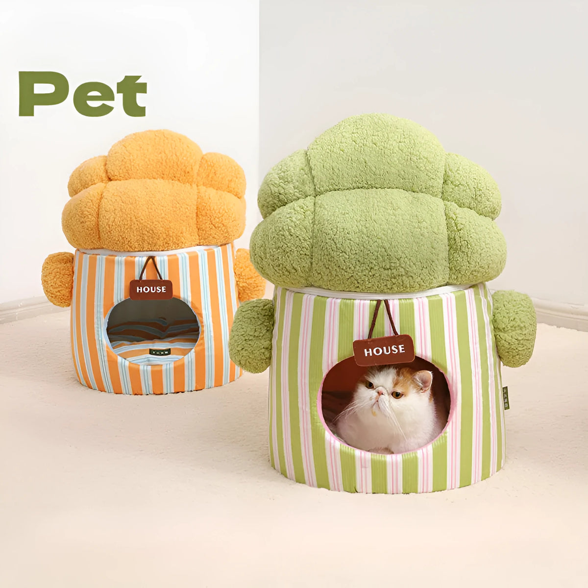 Green cauliflower-shaped 3D enclosed pet house with one entry hole, soft cushion, and washable lining for small dogs or cats.