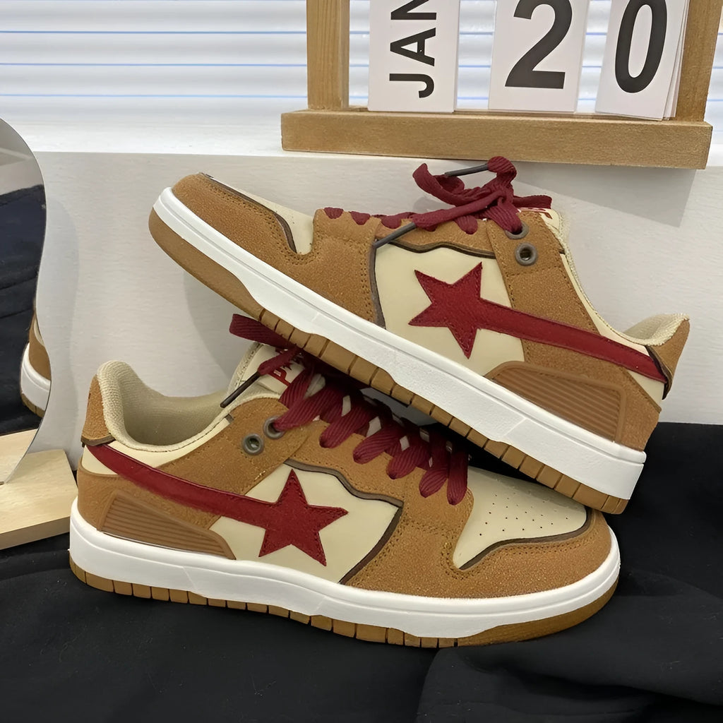 Brown women's low-top platform sneakers with sequin accents and front lace-up closure
