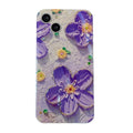Purple and yellow soft rubber phone cases with ornate oil painting flower design and blue inlays.