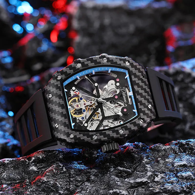 Mechanical men's waterproof watch with luminous hands on a rubber strap, showing the stainless steel buckle.