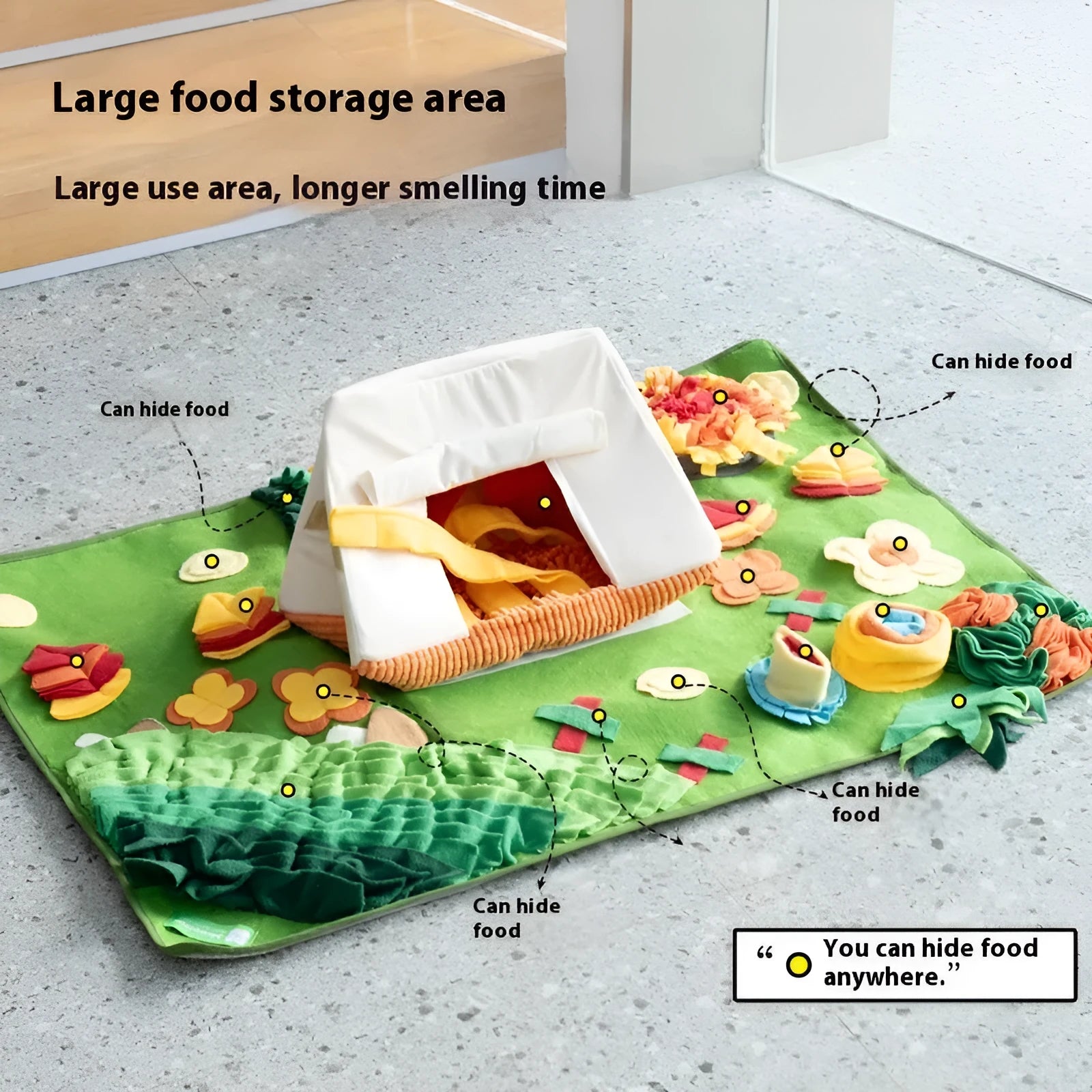 Fabric dog sniffing mat in a themed pattern for hiding treats and scent games.