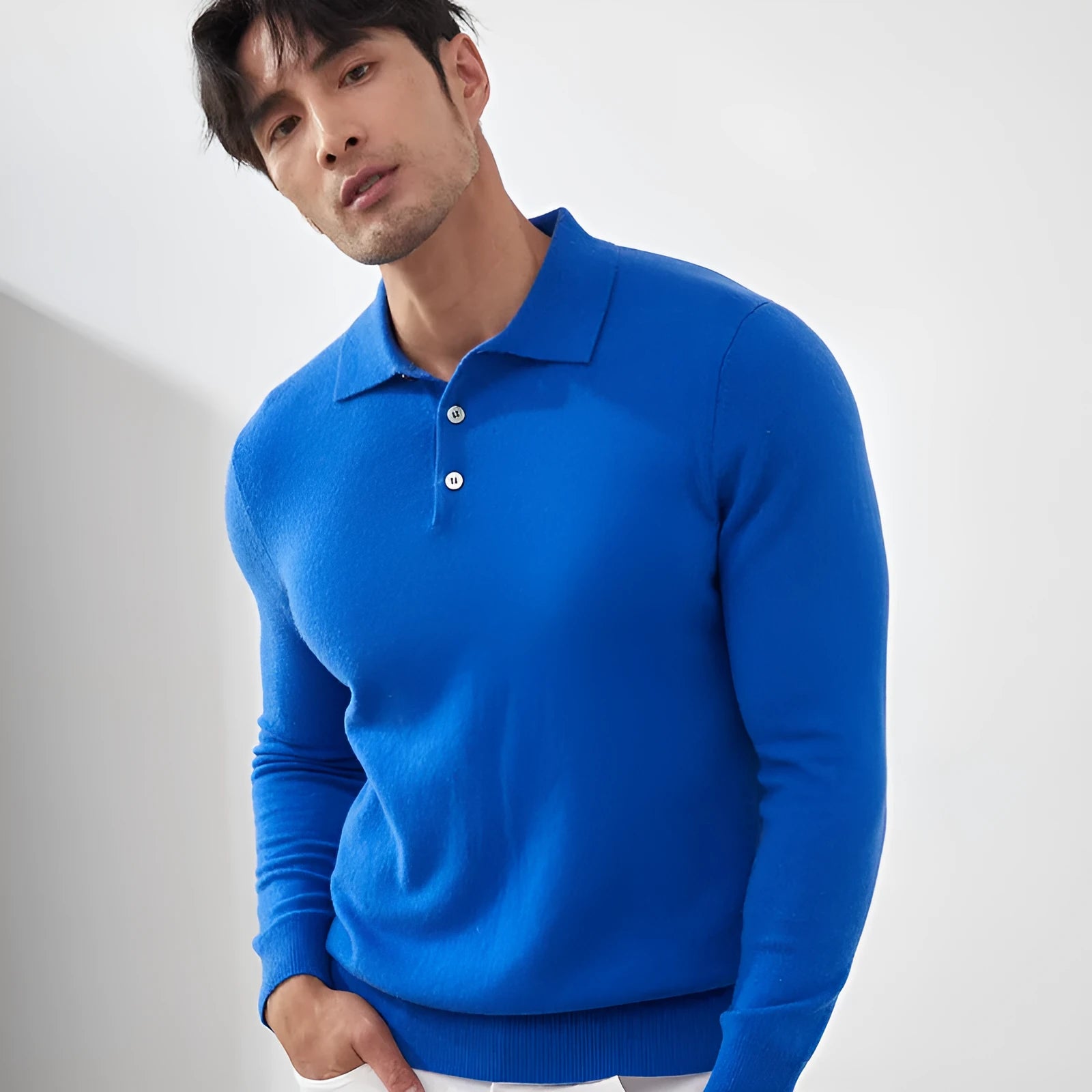 Men's cashmere polo collar pullover sweater in loose fit available in multiple colours