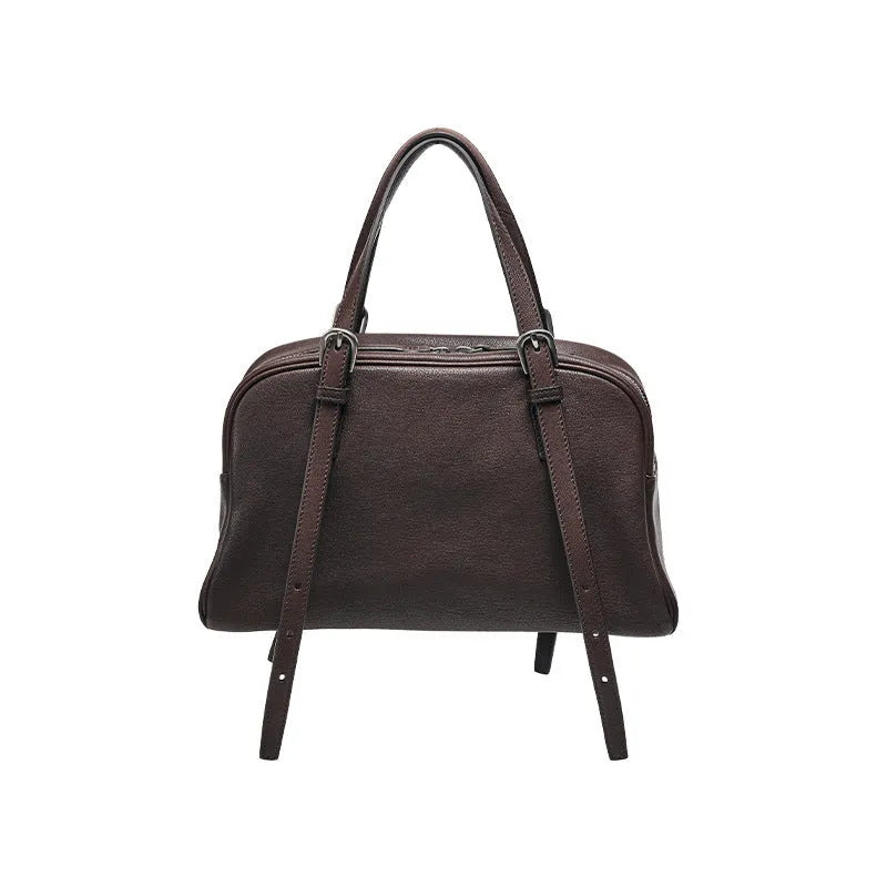 Retro brown genuine leather women's shoulder bag with double straps and external pockets