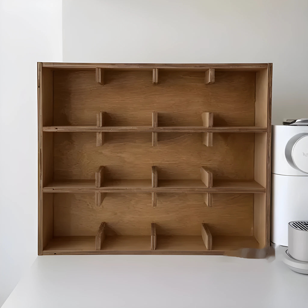 Square birch wood cup storage rack with multiple grid compartments for kitchen organisation