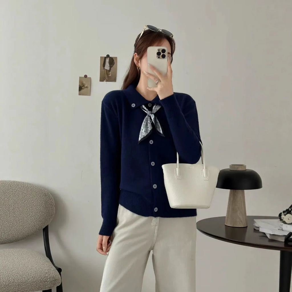 Women's lapel scarf collar acrylic cardigan sweater in milky white colour with long sleeves