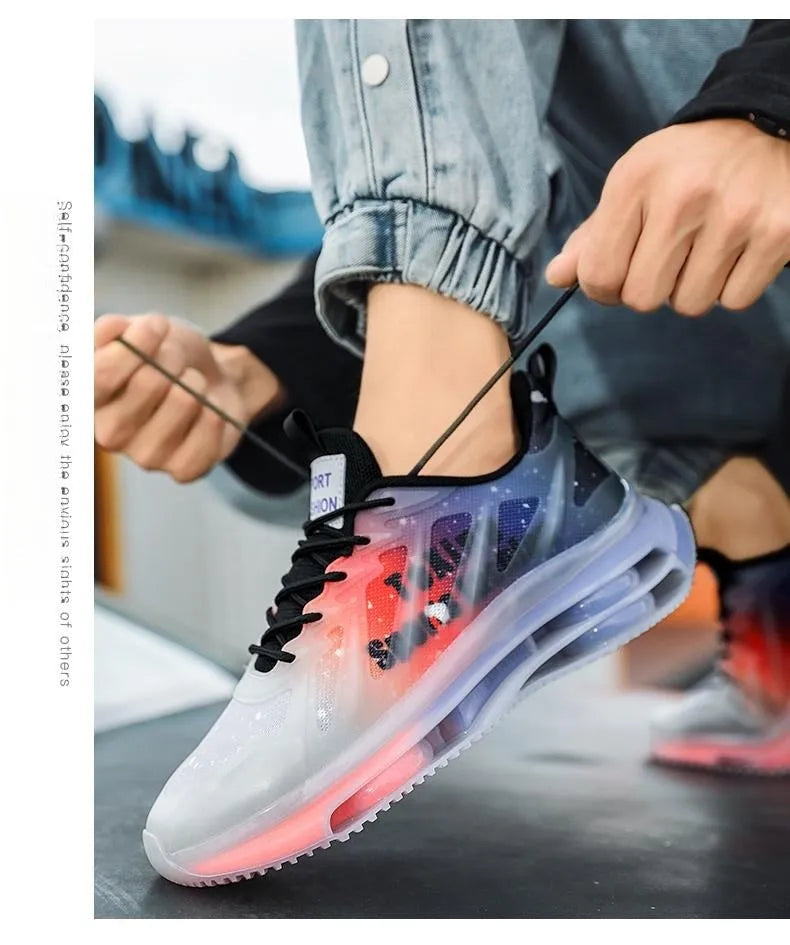 Men's black and green heightened platform casual shoes with mesh upper and rubber sole.