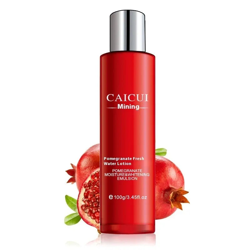 Red packaged pomegranate skincare set with cleanser, toner, lotion and cream bottles